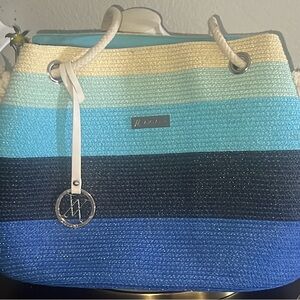 Amiani Beach Tote Striped Jute Design Blue Gradient Colors EUC